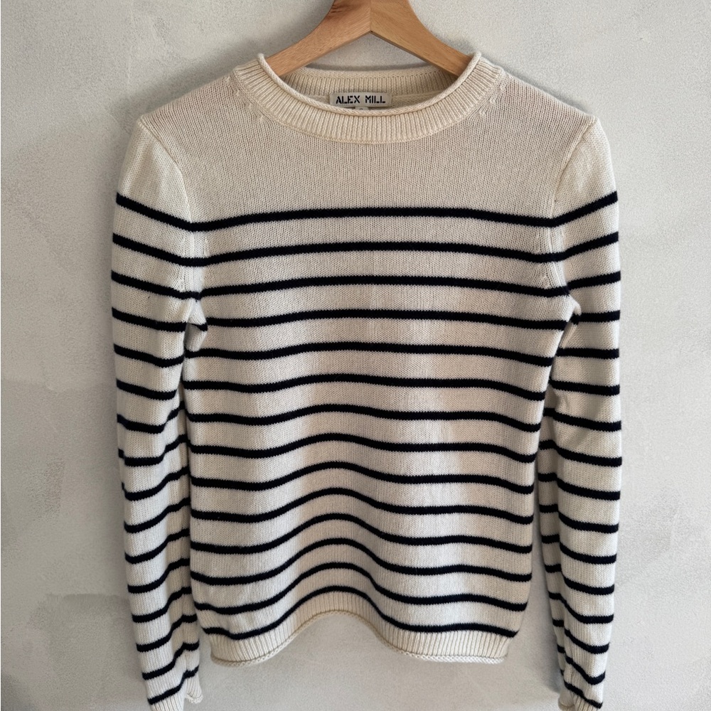 ALEX MILL - Cream and Navy Striped Rolled Neck Knit Sweater